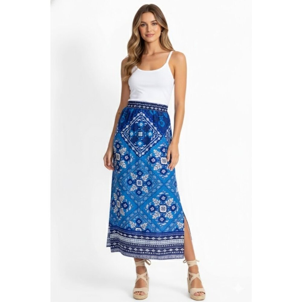 NWoT Johnny Was Linen High Slit Maxi in Blue Tile Patterned Skirt S